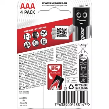 Batterie Energizer Alkaline Max AAA LR03, 4 pezzi, confezione ecologica