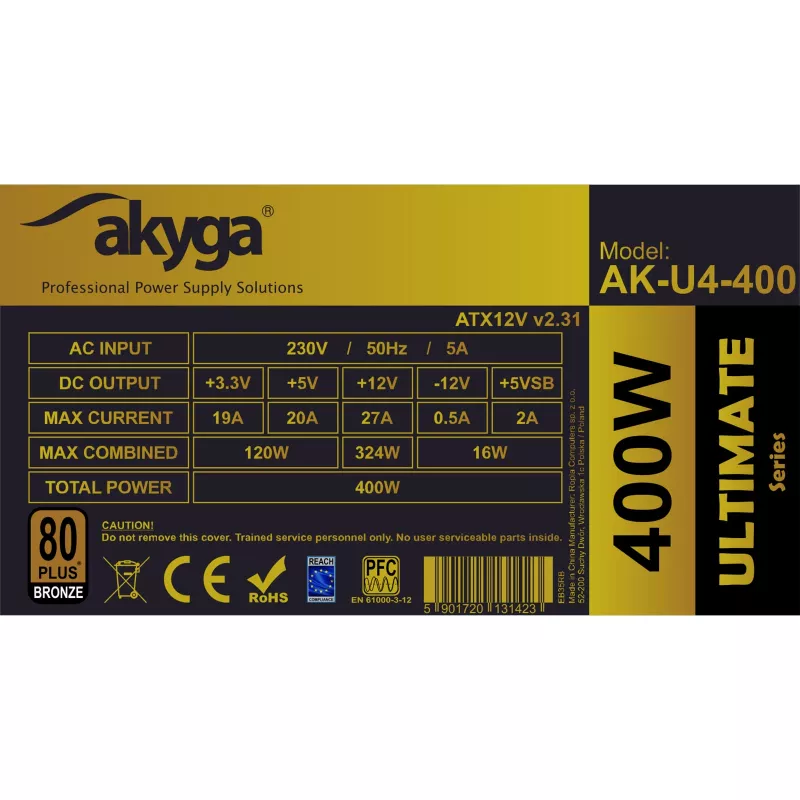 Alimentatore ATX Akyga AK-U4-400 Ultimate 400 W, 80 PLUS Bronze, PFC attivo, ventola 120 mm