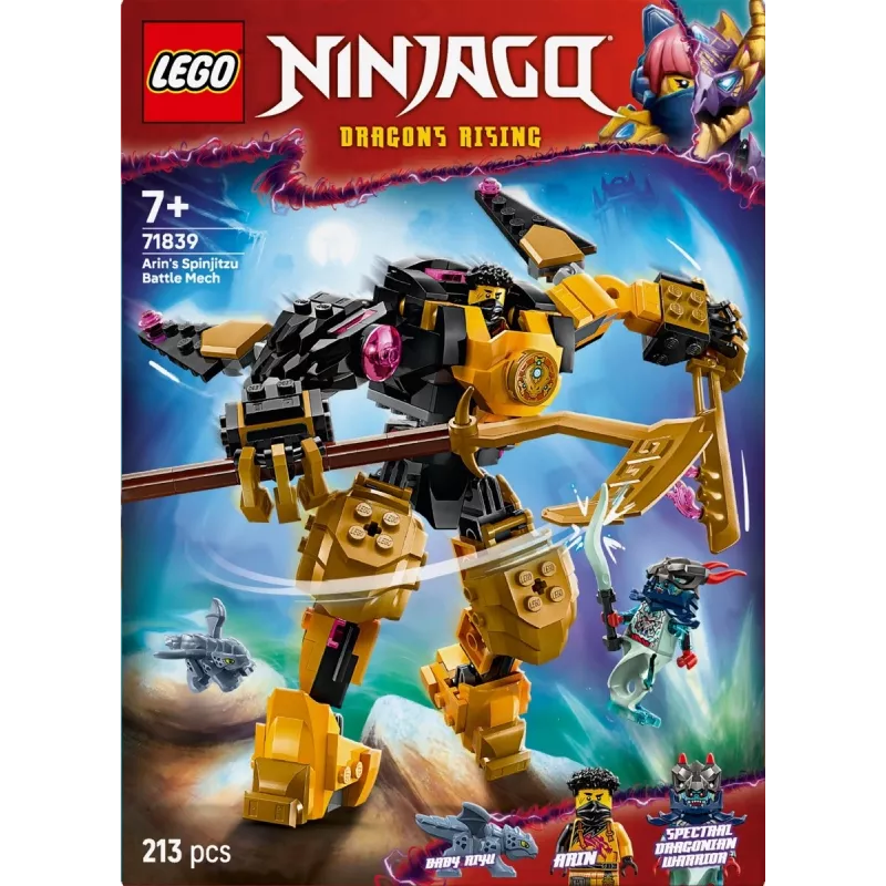 Set LEGO NINJAGO 71839 Mech da combattimento Spinjitzu di Arin, 213 pezzi, 2 minifigure, altezza 160 mm