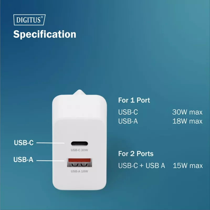 Caricabatterie USB GaN AC da interno DIGITUS DA-10301 — 30W, 1× USB-C, 1× USB-A, 100–240V, bianco