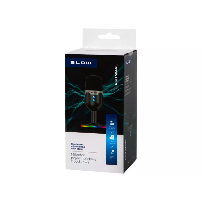 Microfono da studio BLOW con supporto LED — USB 2.0 cablato, 20–16000 Hz, sensibilità -50 dB, 237 g