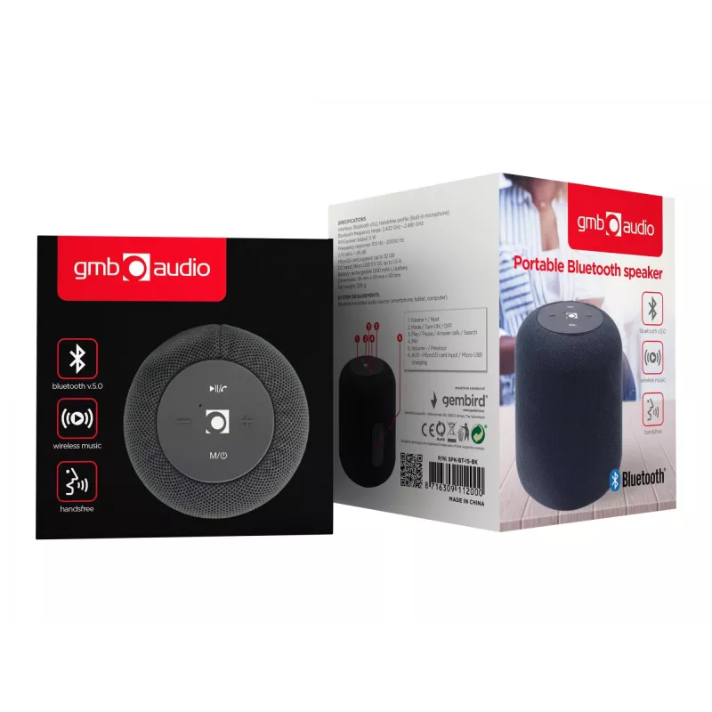 Altoparlante portatile mono Gembird SPK-BT-15-BK — 5 W RMS, Bluetooth, MicroSD, 1200 mAh, Nero