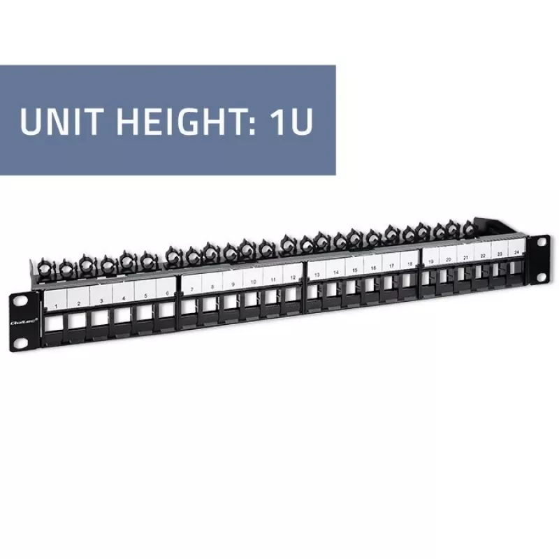 Qoltec 54516 patch panel per rack da 19 pollici, 24 porte, 1U, UTP, nero