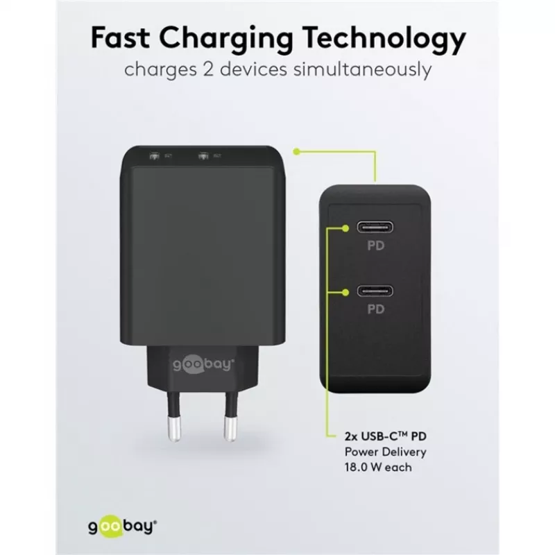 Caricabatterie da interno Goobay 61757 ricarica rapida USB Type-C 2 porte nero