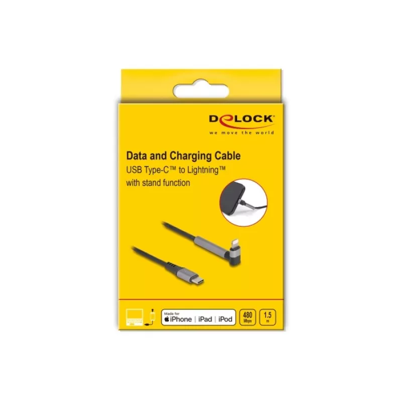 Cavo di ricarica e dati USB Type-C su Lightning con connettore angolare e funzione stand, DELOCK 1,5 m, 9 V 3 A (MFi)