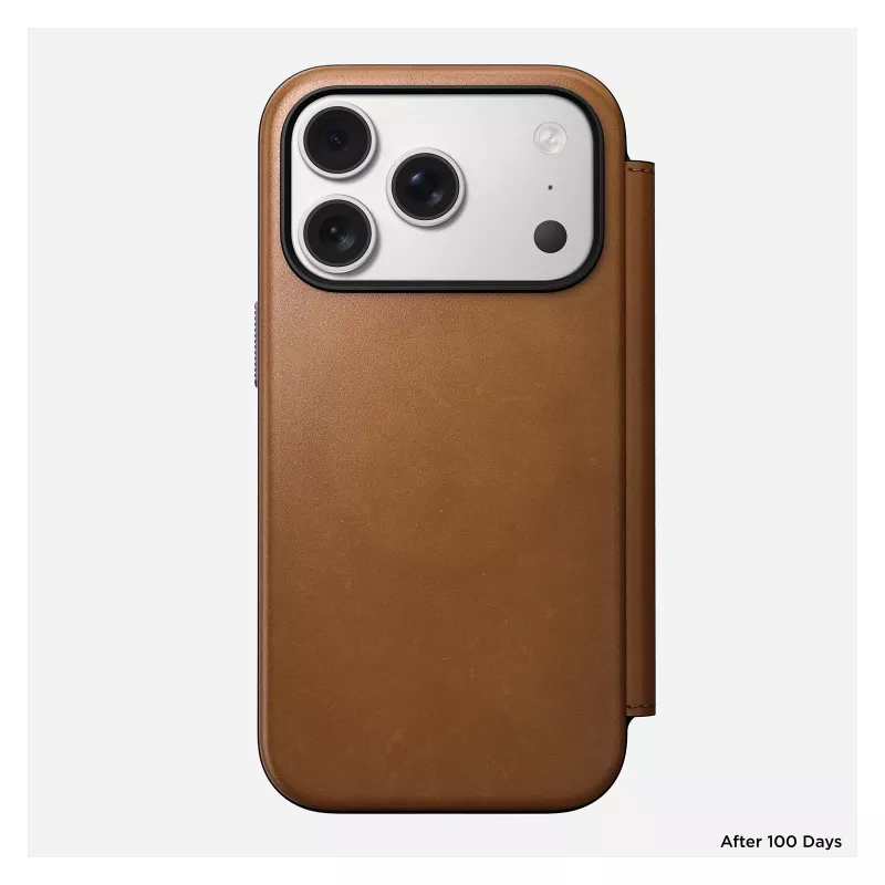 Custodia folio Nomad Modern Leather Folio per iPhone 17 Pro, pelle + alluminio, 6,3 pollici (16 cm), Tan, 3 scomparti per carte