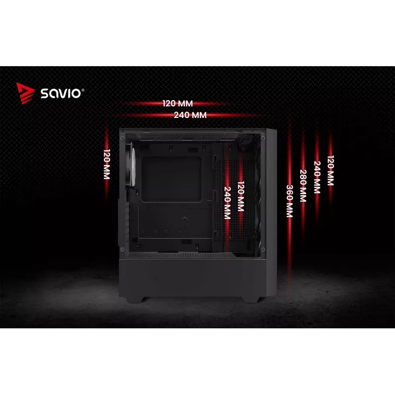 Case PC SAVIO Noctis Flow RGB — Cube, ATX/Mini-ITX, 3x ventole frontali da 120 mm, pannello laterale in vetro temperato, GPU max 35 cm
