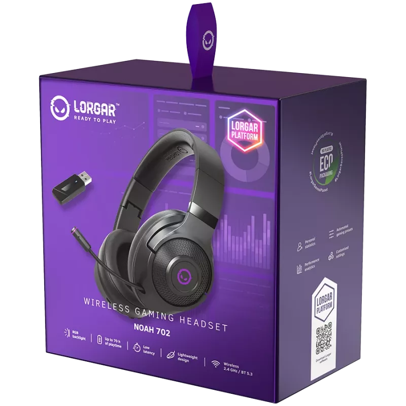 Lorgar Noah 702 (LRG-GHS702) cuffie gaming wireless, Bluetooth 5.3, ricevitore USB, AUX da 3,5 mm, driver da 40 mm, 1000 mAh, RGB, nere