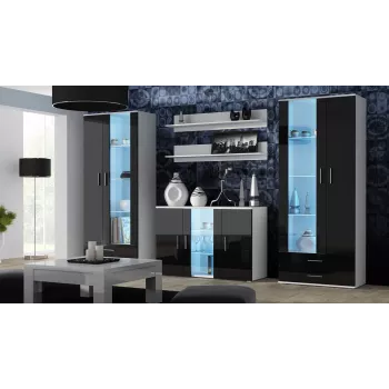 Sideboard Cama Meble SOHO S7 120 cm – 3 ante, 4 ripiani, piano superiore bianco, nero lucido
