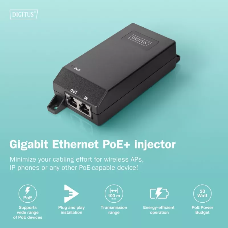 Injector PoE+ Gigabit Ethernet Digitus 802.3at 30 W nero
