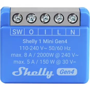 Interruttore intelligente Shelly 1 Mini Gen4 1P wireless 110–240 V 50–60 Hz 1,2 W Bluetooth Wi‑Fi ZigBee 34×16×29 mm