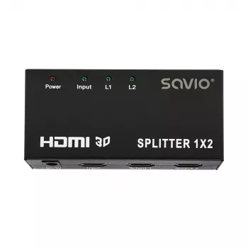 Splitter video HDMI SAVIO CL-42 — 2 uscite HDMI, 1920x1080, colore 36 bit, case in metallo, 5V/1A