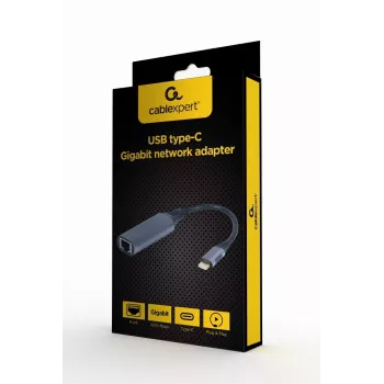 Adattatore di rete Gembird A-USB3C-LAN-01 Type-C USB 3.2 Gen 1, Gigabit RJ-45, cavo 0,15 m, case in metallo, grigio/nero