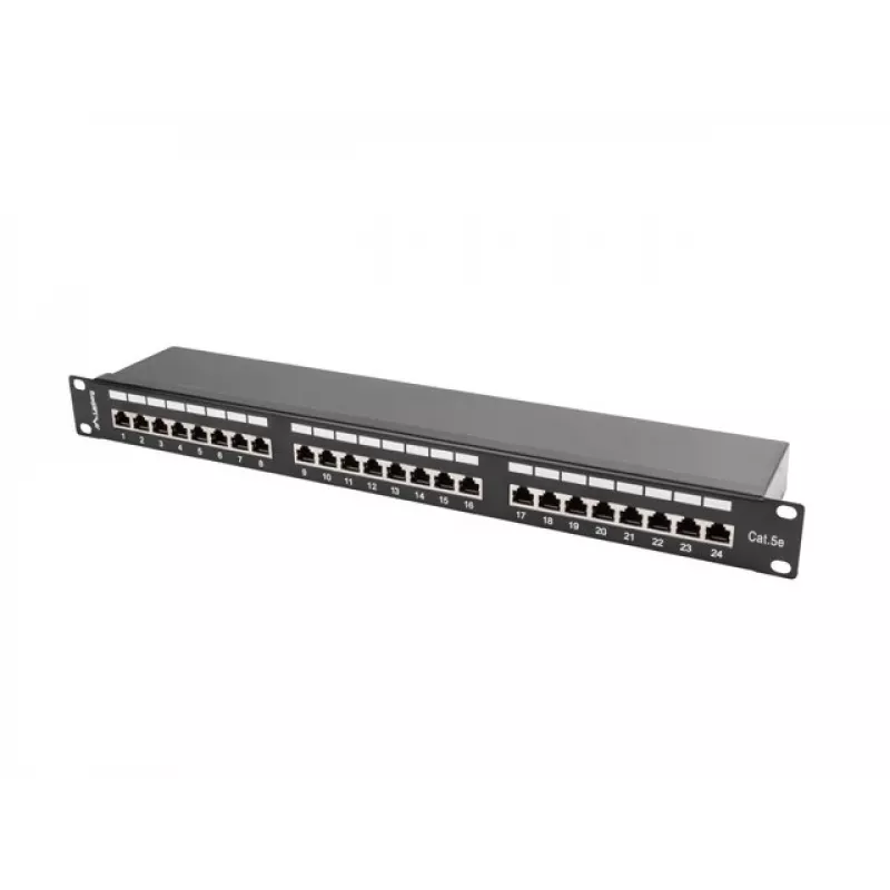 Patch panel 1U LANBERG PPS5-1024-B — 24 porte RJ-45 Cat5, metallo, nero, montaggio su rack