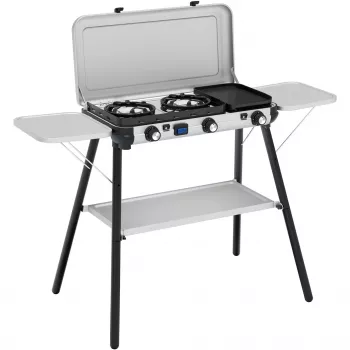 Camping Kitchen 2 Multi Cook Plus, fornello a gas grigio, 2 zone di cottura 2x 1,8 kW + piastra grill 0,9 kW, modello 2025