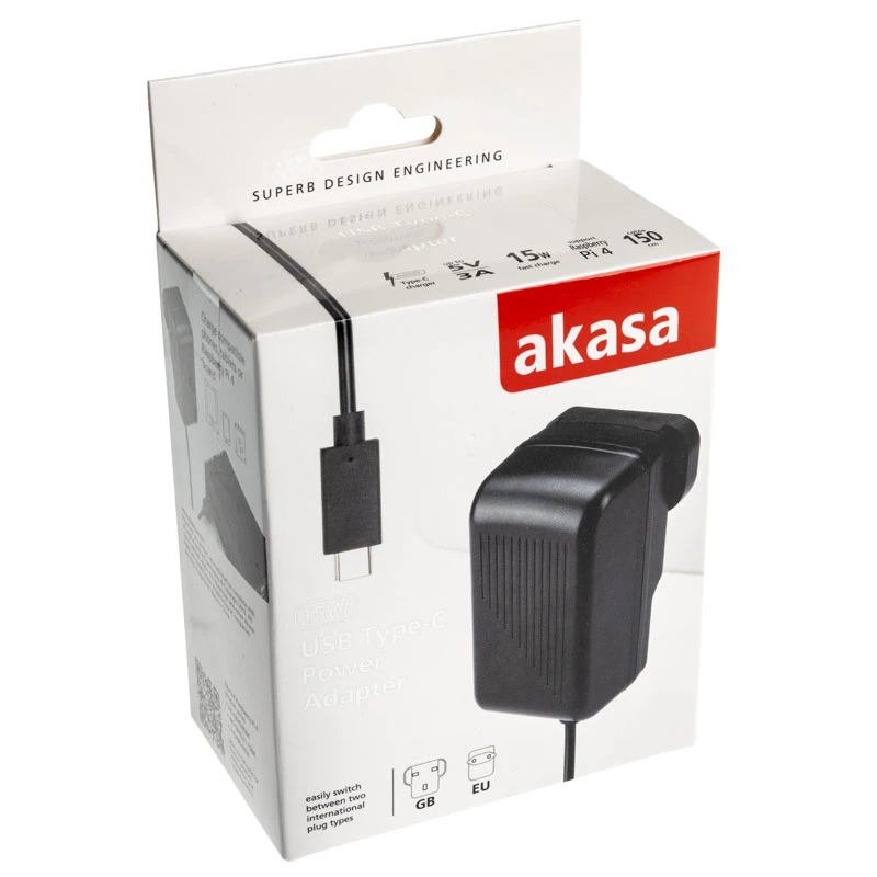 Caricabatterie AC da interno rapido Akasa AK-PK15-02CM — 15W, USB-C 3A, cavo 1,5 m, nero