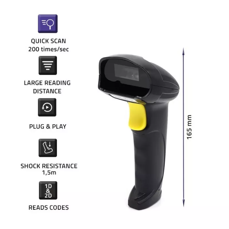 Qoltec 50853 lettore laser di codici a barre portatile 1D/2D, USB cablato, cavo da 1,65 m, 97x65x167 mm, 105 g, nero