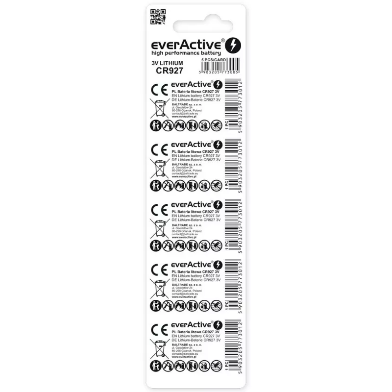 Pila a bottone al litio everActive CR927 3V, 30 mAh, pila a bottone, altezza 2,7 mm — confezione da 5