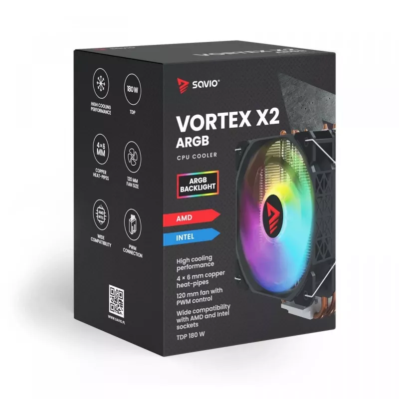 Dissipatore ad aria per CPU SAVIO SAVGCOVORTEXX2ARGB con 4 heatpipe, ventola ARGB 120 mm, nero