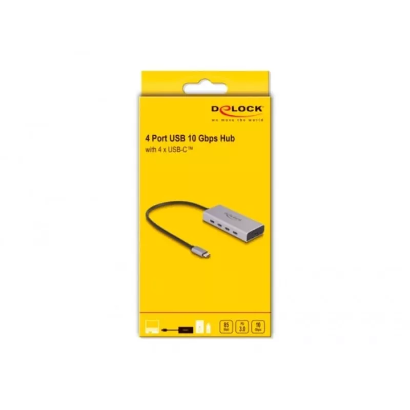 Hub USB DELOCK 10 Gbps Type-C 4 porte PD 85W cavo 30 cm