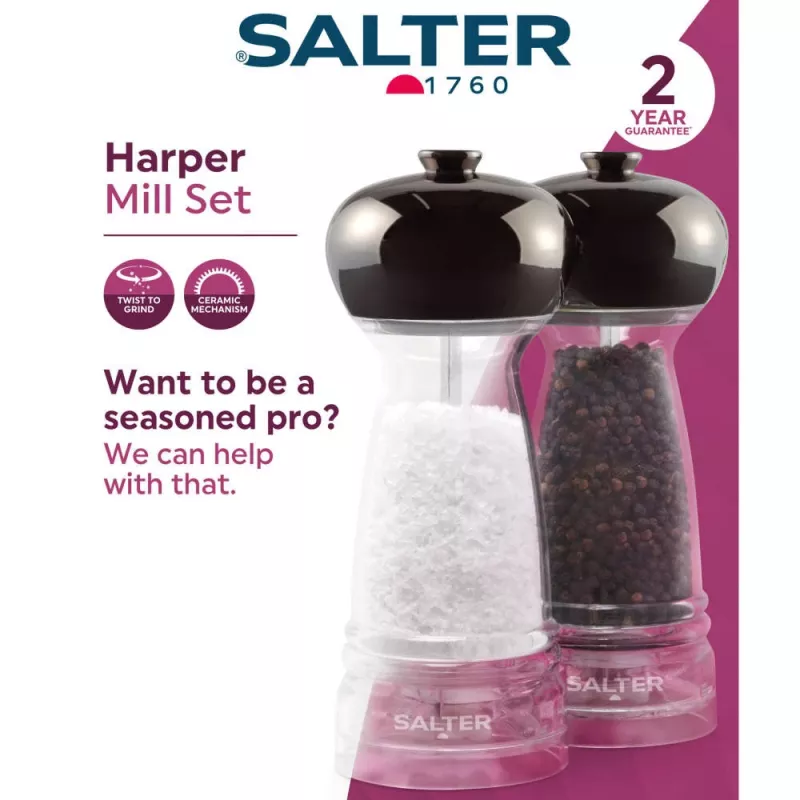 Salter BW12949GEU7 Harper set macinasale e macinapepe, trasparente/grigio