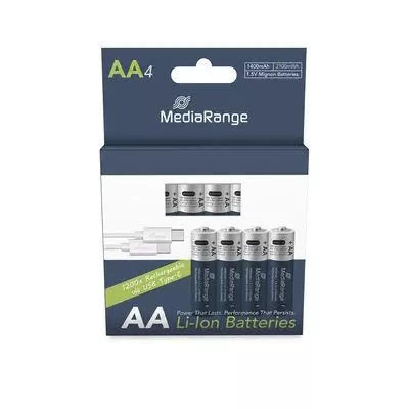 MediaRange MRBAT161 batterie ricaricabili Li-Ion AA con USB-C, 1,5 V, 1400 mAh, 4 pz.