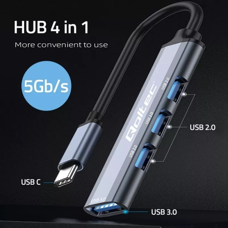 Hub USB QOLTEC 53792, USB-C 3.1 a 4 porte (USB 3.0 x1, USB 2.0 x3)