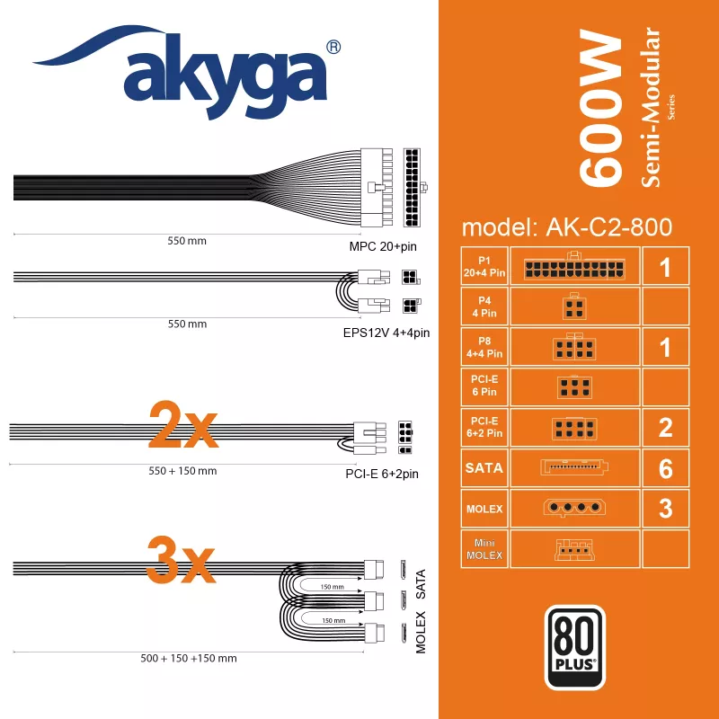 Alimentatore ATX Akyga AK-C2-800 Classic 800 W, semimodulare, PFC attivo, ventola 120 mm
