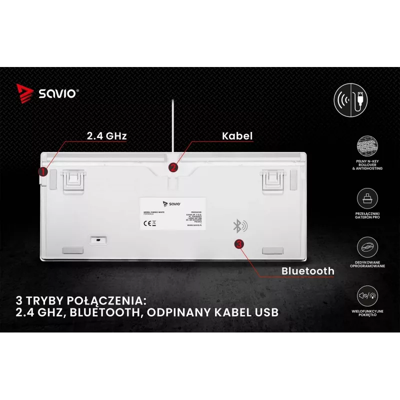 Tastiera gaming Savio Phenix WHITE GAT RED PUD con filo wireless USB Bluetooth RGB LED