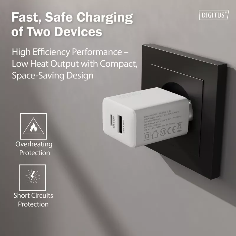 Caricabatterie USB GaN AC da interno DIGITUS DA-10301 — 30W, 1× USB-C, 1× USB-A, 100–240V, bianco