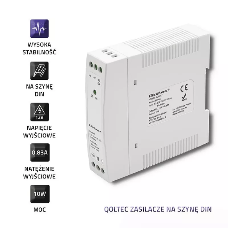 Alimentatore per guida DIN 10W, 12V, 0.83A, sottile