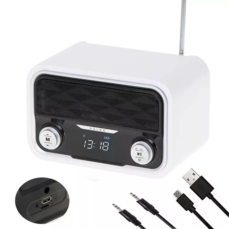 Radio portatile Adler AD 1185 – FM, Bluetooth 4.0, MP3, scheda SD, AUX, batteria ricaricabile 1800 mAh, display LCD, ricarica Micro-USB