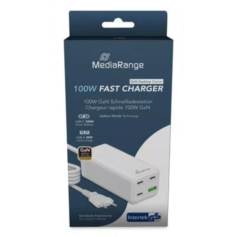 Caricabatterie da viaggio MediaRange MRMA124 100W AC, 3x USB-C, ingresso 100–240V, cavo 1,5 m, bianco