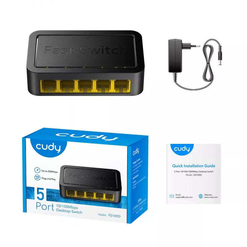 Switch di rete Cudy FS105D — 5 porte Fast Ethernet 10/100, switching 1 Gbit/s, nero