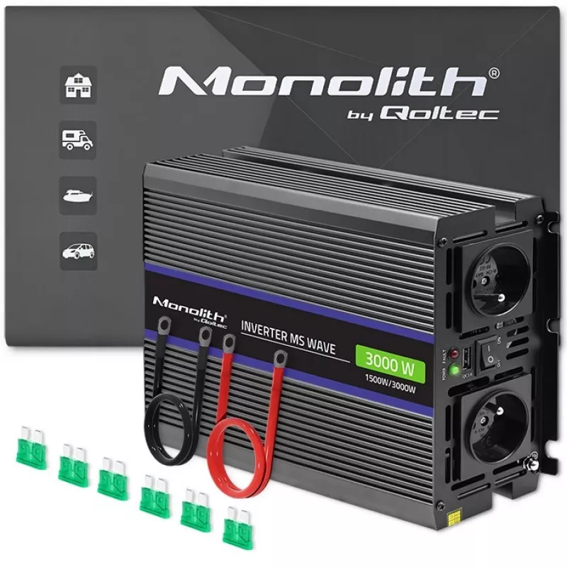 Inverter QOLTEC Monolith 3000 MS Wave, 12V→230V, 1500/3000W, con USB