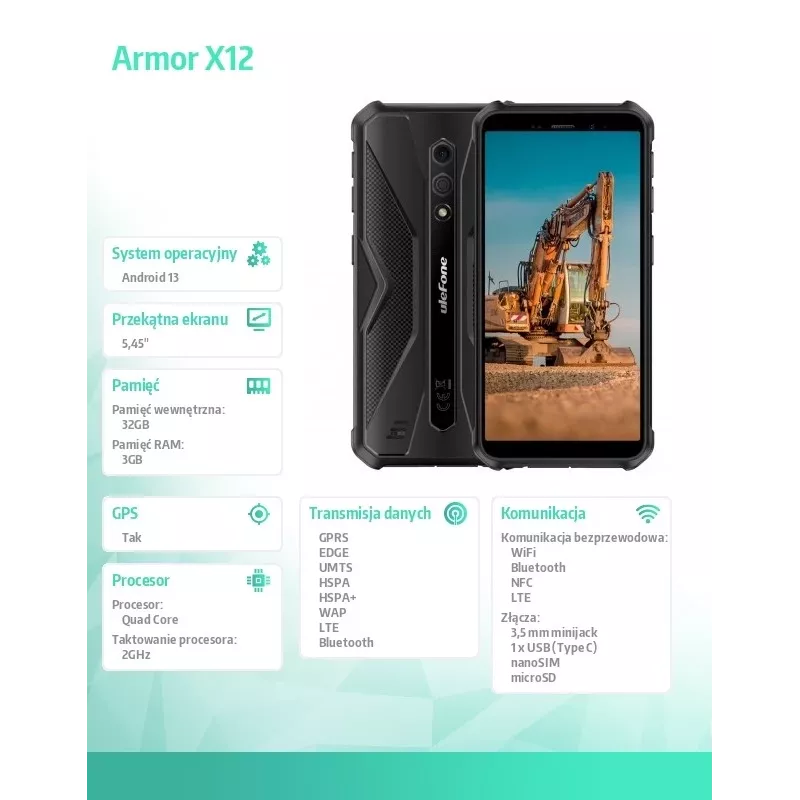 Smartphone robusto UleFone Armor X12 — 3 GB RAM, 32 GB di memoria, tutto nero