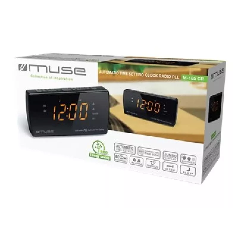 Radiosveglia Muse M-185 CR — FM/MW, display LED 0,9 pollici, AC 230V con backup batteria AAA, nero