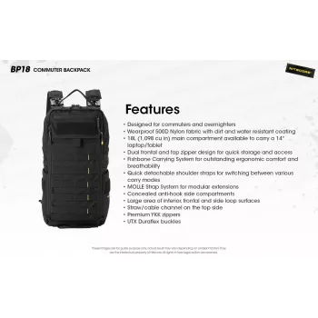Zaino da viaggio Nitecore BP18 — nero nylon/poliestere, 240×160×470 mm