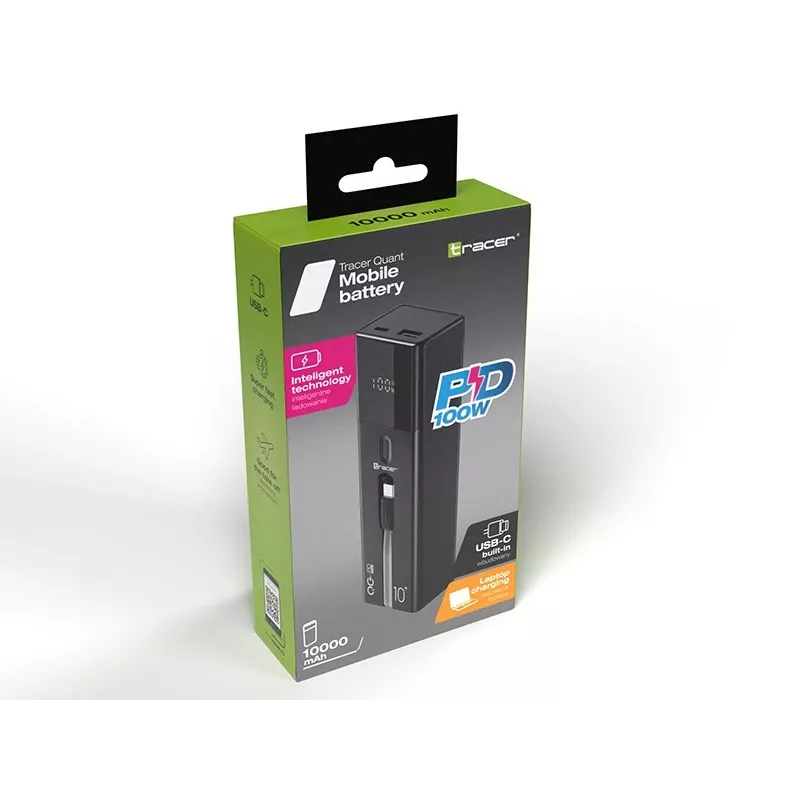 Powerbank portatile TRACER Quant 10000 mAh Li-Ion, PD e QC3.0, 3 porte (2×USB-C, 1×USB-A), 100W, nero