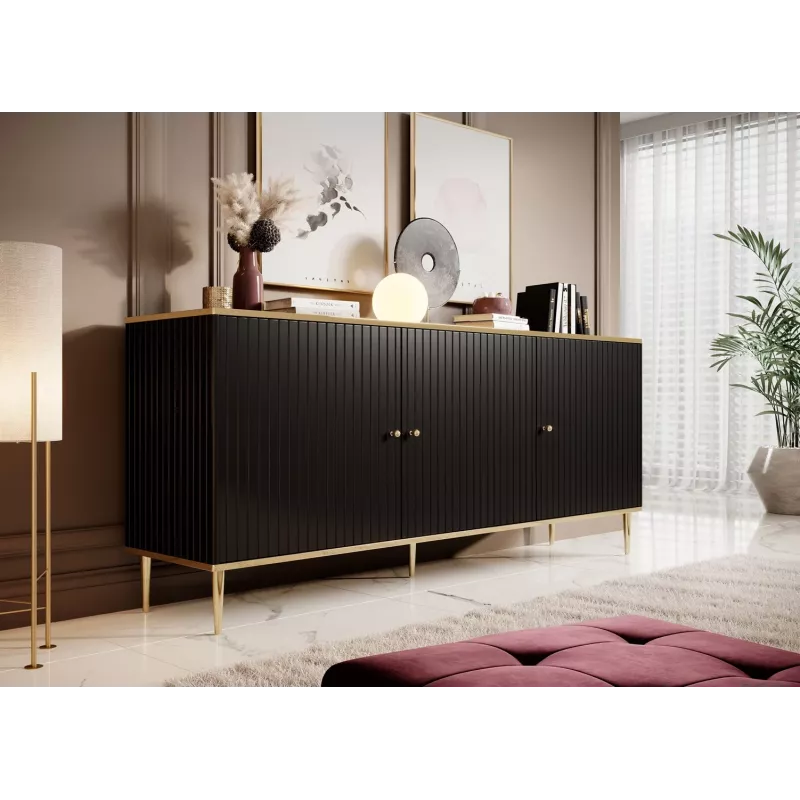 GLAMOUR Cassettiera 180x40x75,5 cm, nero opaco + oro