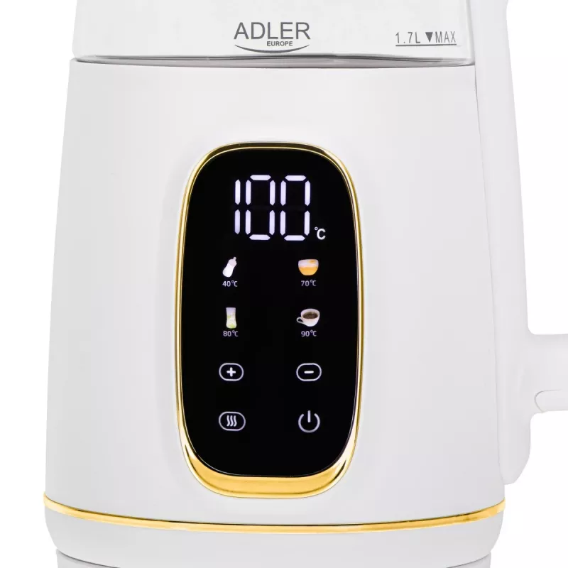 Bollitore Adler AD 1305WG — 1,7 l, 2200 W, vetro/plastica, bianco/oro/trasparente