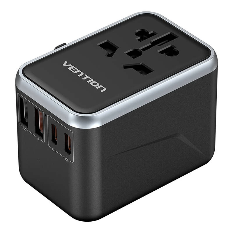 Vention adattatore da viaggio e caricabatterie GaN da 65 W, 2x USB-A 2x USB-C, nero