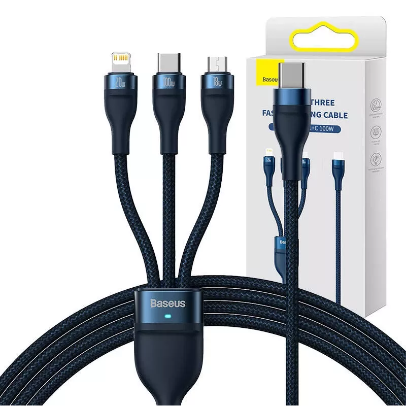 Cavo USB 3in1 Baseus Flash Series 2, USB-C + Micro-USB + Lightning, 100 W, 1,5 m (blu)