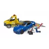 Bruder MB Sprinter trasportatore di auto con modulo luci e suoni, arancione/blu, roadster incluso