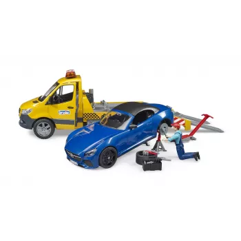 Bruder MB Sprinter trasportatore di auto con modulo luci e suoni, arancione/blu, roadster incluso