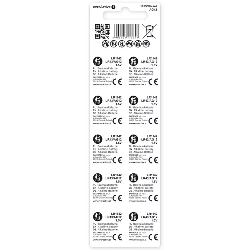 Pila a bottone alcalina everActive G12 AG12 1,5 V – confezione da 10