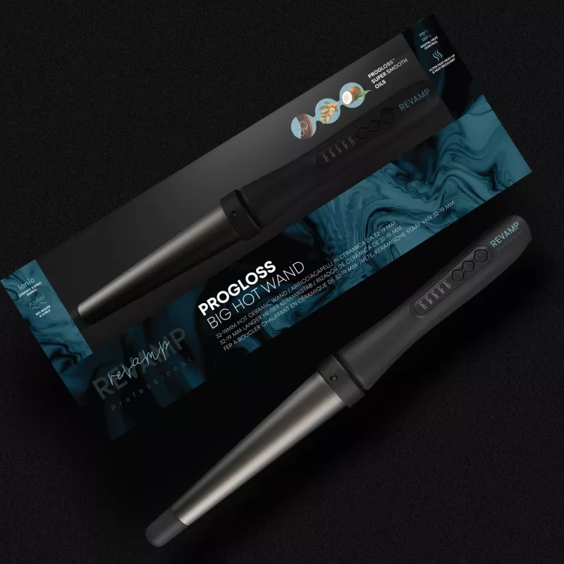 Revamp Progloss WD-1000-EU ferro arricciacapelli a bacchetta grande, barilotto conico in ceramica 32-19 mm, 120-210 °C, 5 temperature, nero