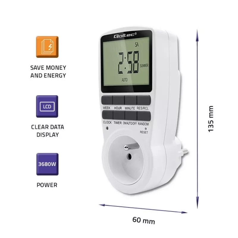 Timer elettronico QOLTEC PC0628 con display LCD, conto alla rovescia 24 ore
