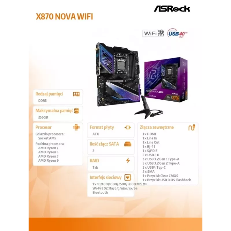 Scheda madre ASRock X870 NOVA WIFI — AMD X870, socket AM5, ATX, 4× DIMM DDR5, 256 GB, Wi-Fi 7, 2,5 GbE