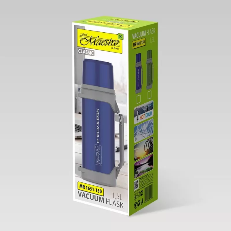 Termos Maestro MR-1631 1,5 l blu/grigio, mantenimento del calore 24 h, con coperchio, tazza e manico
